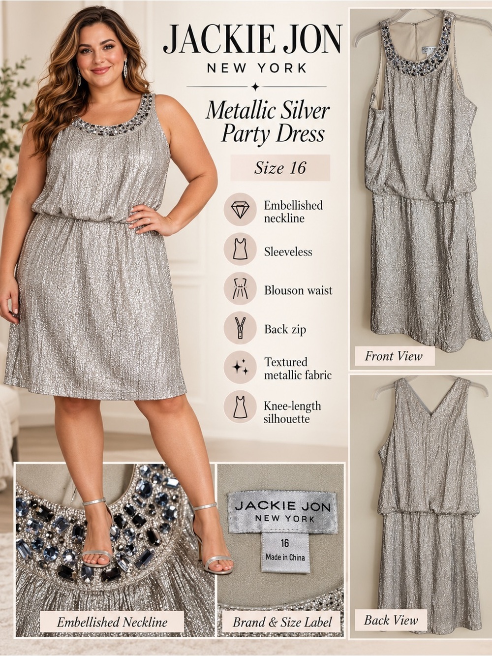 Jackie Jon Metallic Silver Embellished Knee-Length Dress